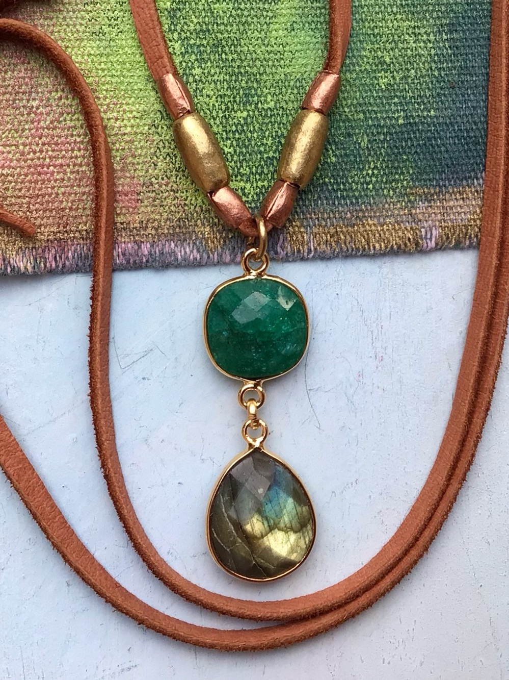 Natural Labradorite Emerald leather cord Sundance Charm Necklace SALE